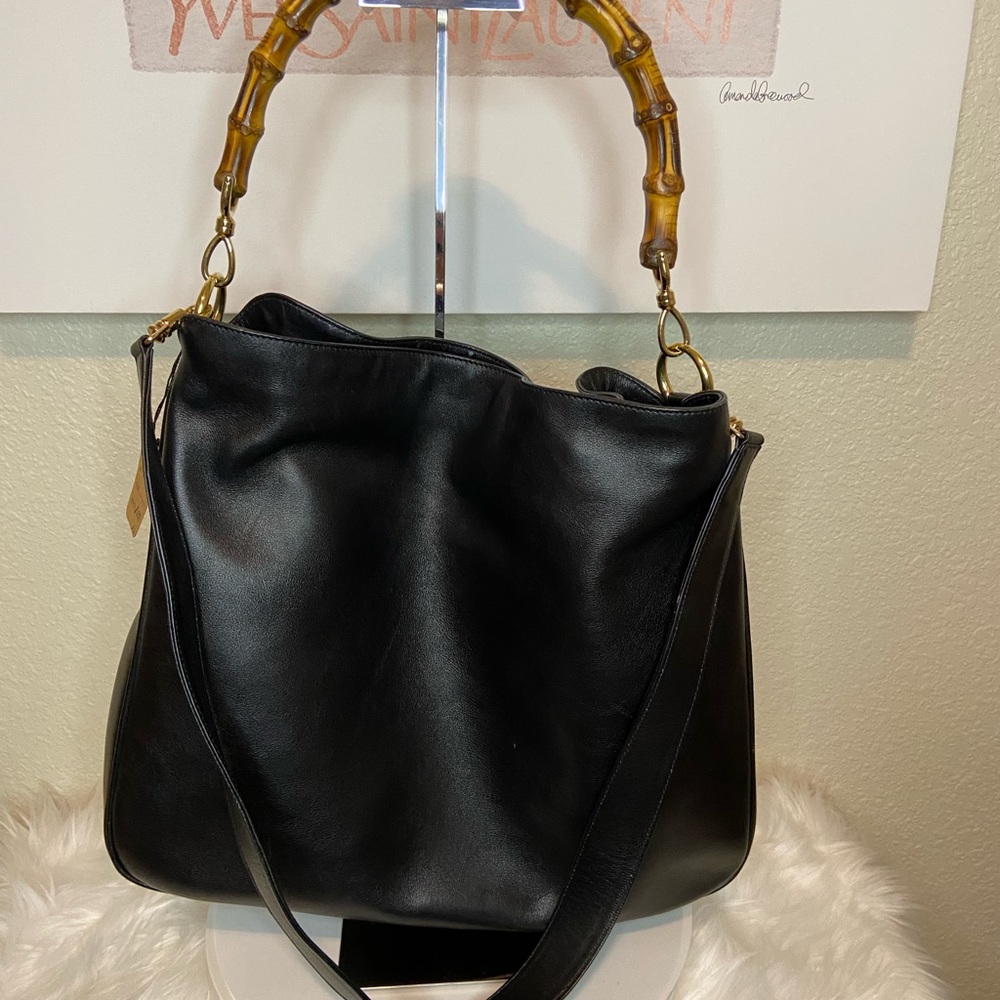 Gucci Vintage Large Diana Bamboo Black Leather Shoulder Bag
